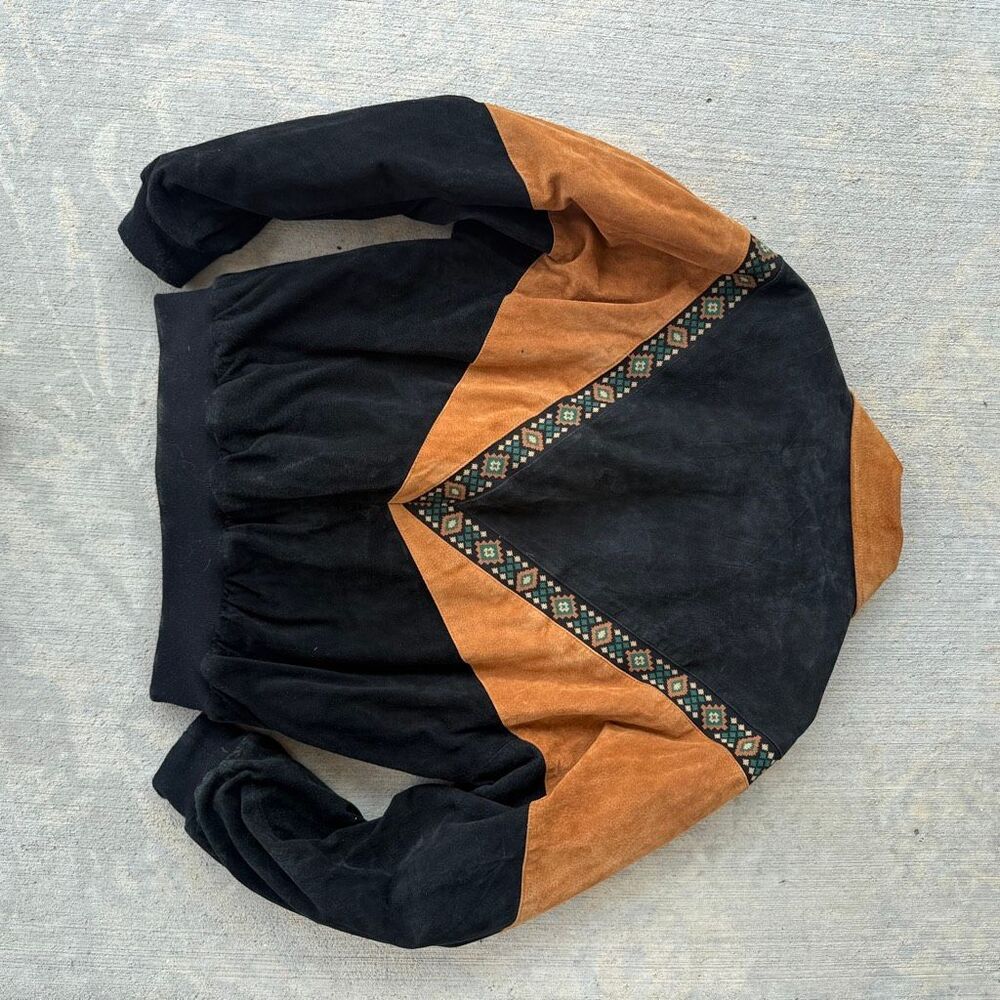 Vintage Cripple Creek Suede Aztec Western Bomber Jacket Black Tan Men's Large - Picture 6 of 9